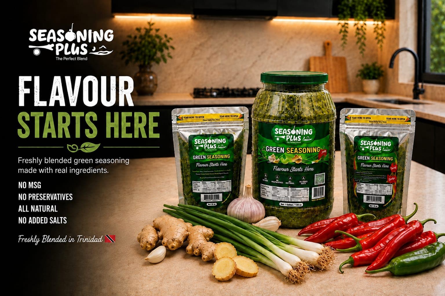 Seasoning Plus — Flavour Starts Here. Freshly blended green seasoning made with real ingredients. No MSG, no preservatives, all natural, no added salts. Freshly blended in Trinidad.